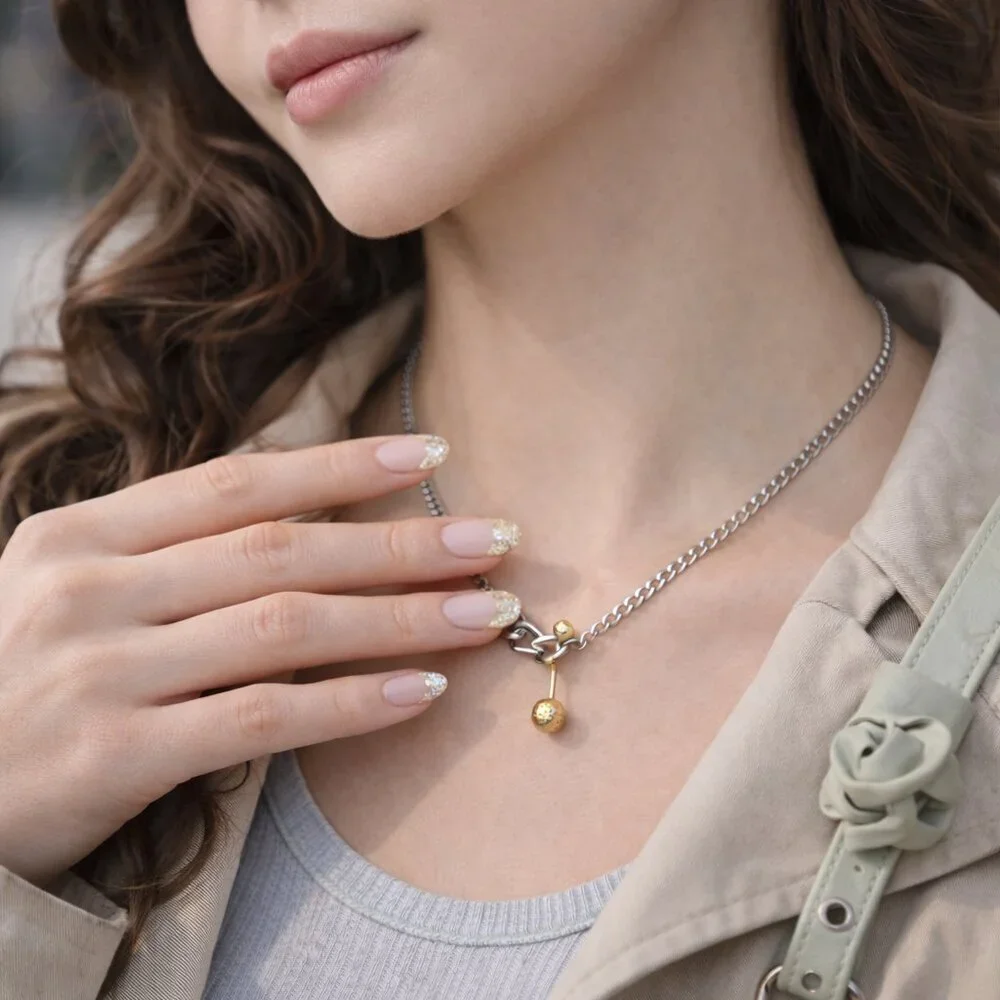 Two Tone 18K Gold Plated Stainless Steel Link Chain Necklace Ball Bar Pendant